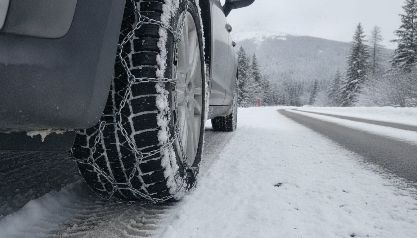 Chaînes à neige montées sur le pneu avant d'une voiture, sur le bas-côté enneigé d'une route de montagne