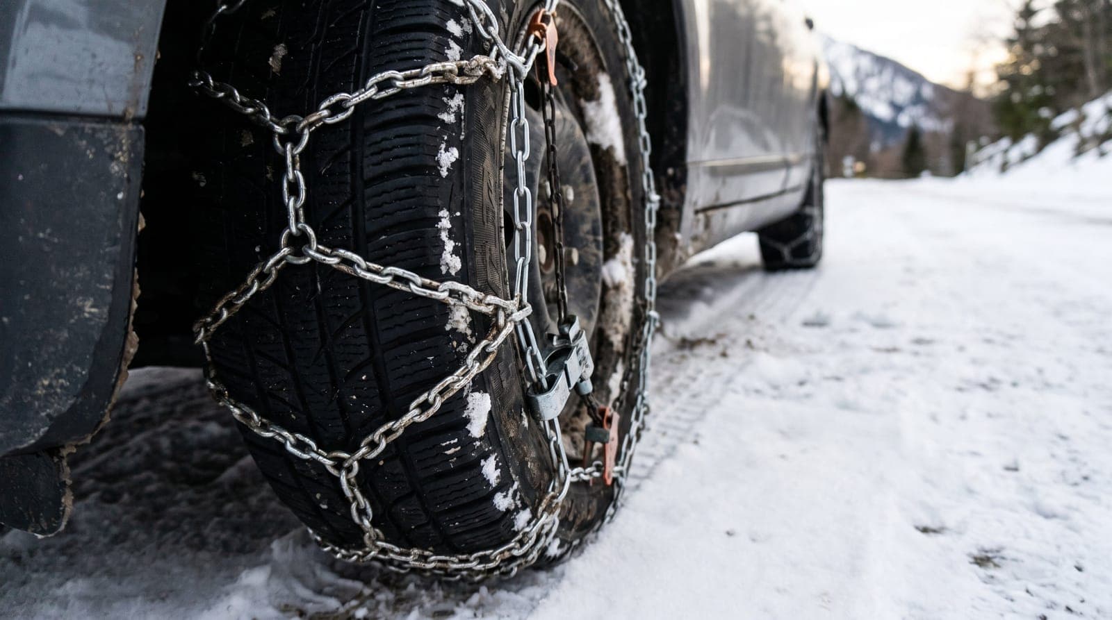Chaîne à neige montée sur le pneu avant d'une voiture garée sur un parking enneigé en montagne, maillons croisés sur la bande de roulement et système de serrage fermé côté intérieur de la jante