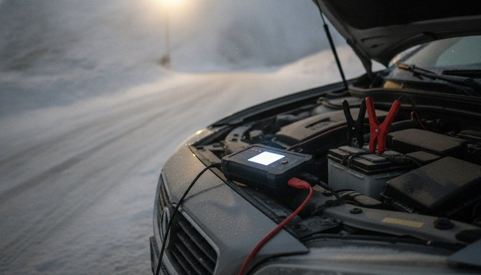 Booster de batterie portable posé sur l'aile d'une voiture, pinces rouge et noire branchées sur une batterie sous le capot ouvert, la nuit sur une route de montagne enneigée