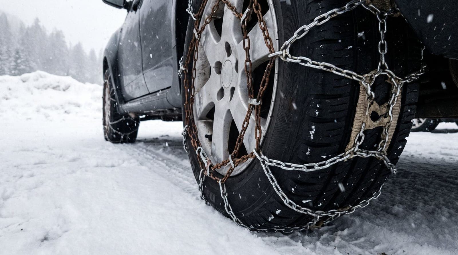 Chaîne à neige composite enfilée et tendue sur le pneu d'une roue, sur un parking enneigé